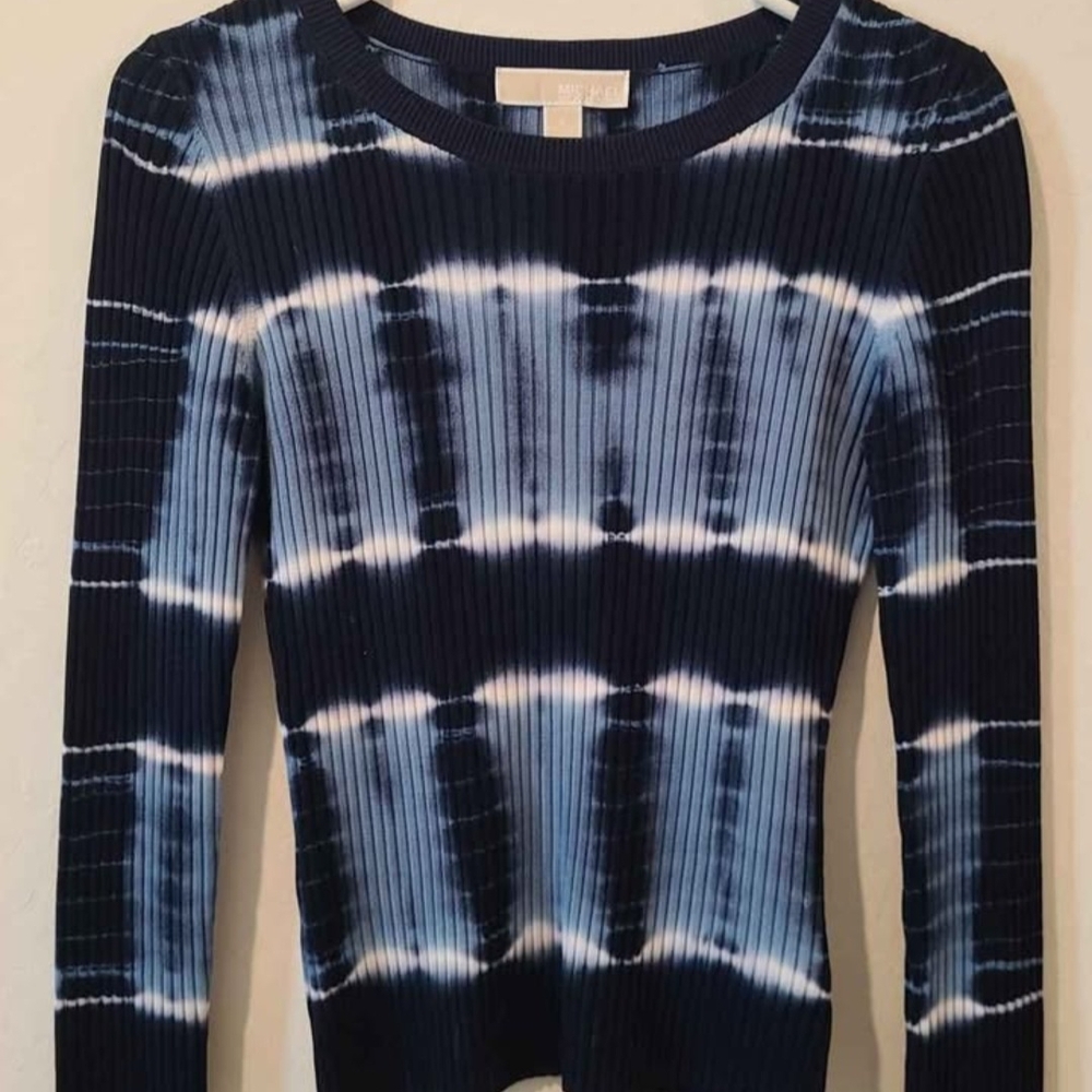 Michael Kors Navy and White Tie-Dye Sweater Small